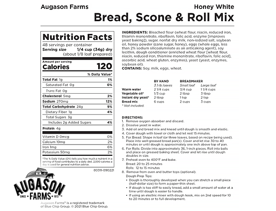 Augason Farms: Honey White Bread, Scone & Roll Mix